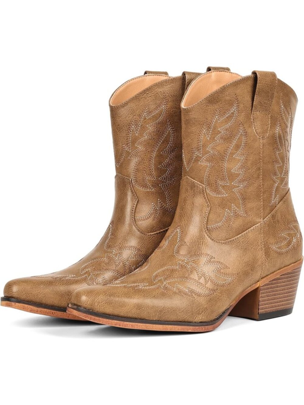 Women's Khaki Pointed Toe Western Faux Leather Chunky Cowgirl Ankle Booties